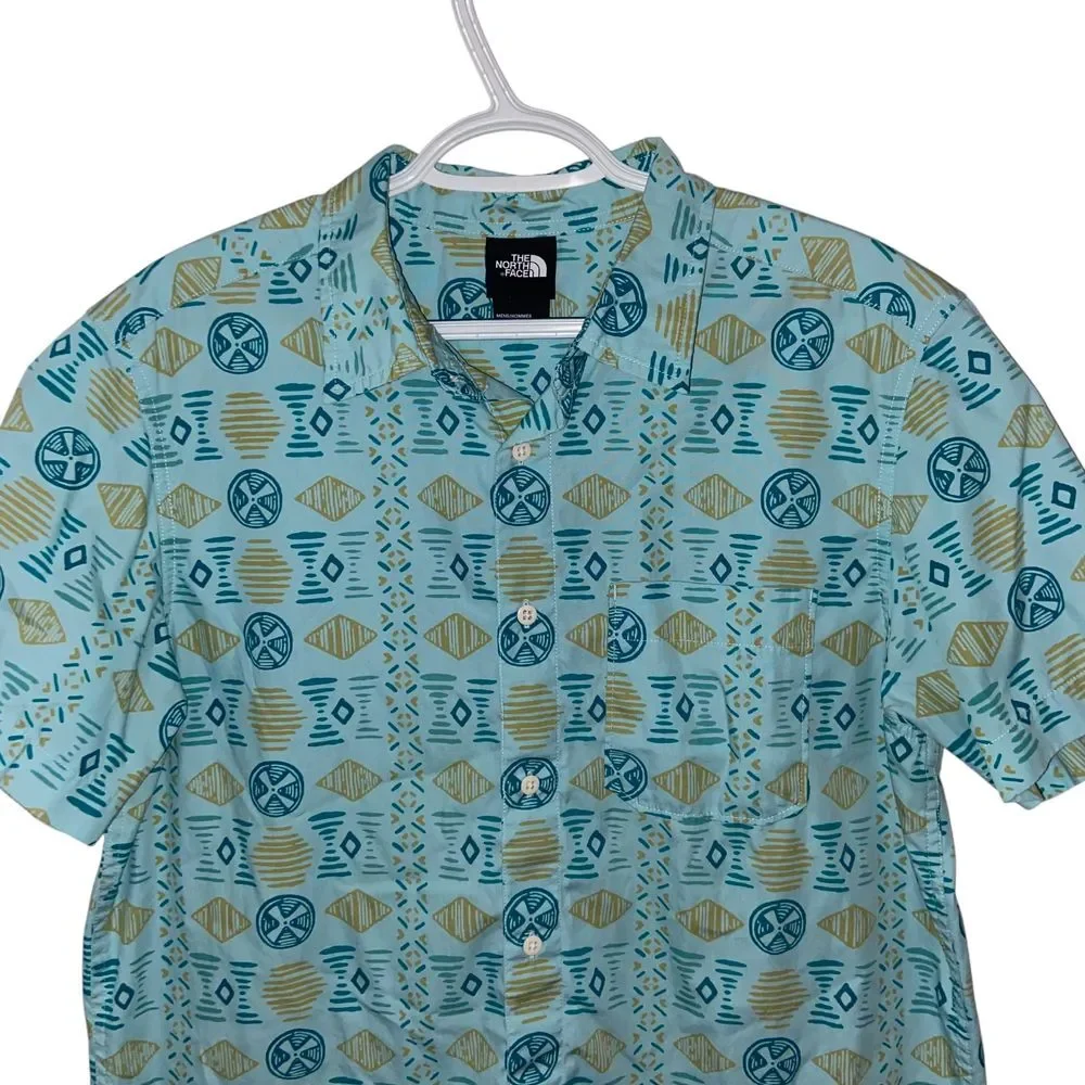 The North Face Geometric Print Button-Down Shirt Summer Casual Blue Size Large‎